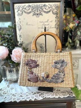 Vintage Cappelli straw handbag cats